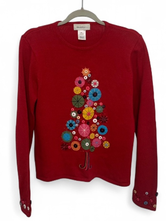 Vintage Sweaters - Vintage Susan Bristol Red Crewneck Grandma Sweater with Embroidered Button Tree